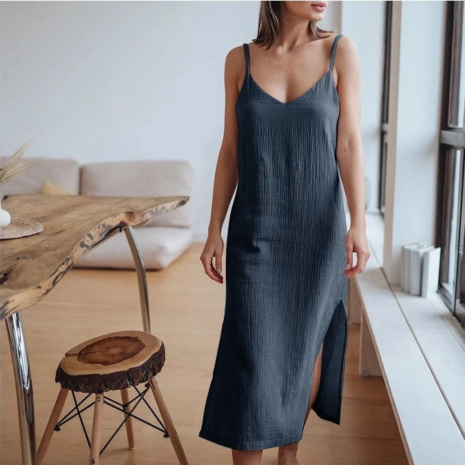 Women's strap dress, V-neck and slit