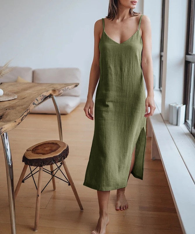Women's strap dress, V-neck and slit