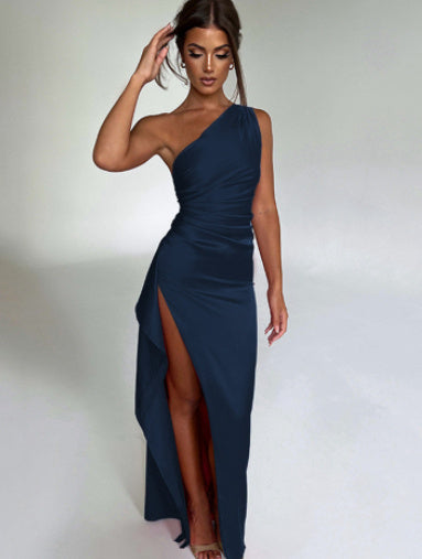 Satin one-shoulder summer dress, backless, slit and fitted, elegant