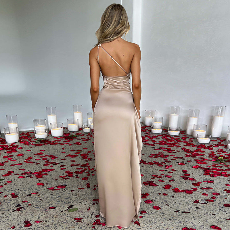 Satin one-shoulder summer dress, backless, slit and fitted, elegant