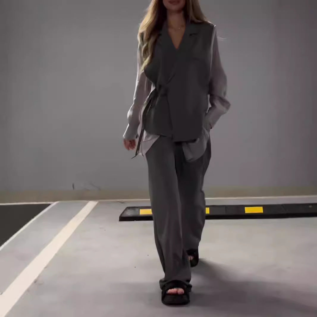 Chic ensemble: chiffon top & straight pants