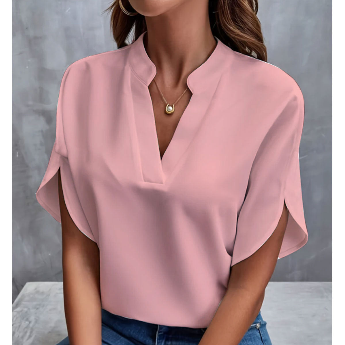 Top casual women in chiffon with short sleeves and V-neck