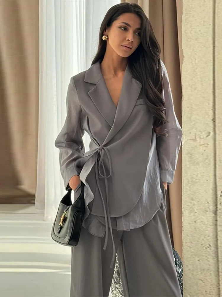 Chic ensemble: chiffon top & straight pants