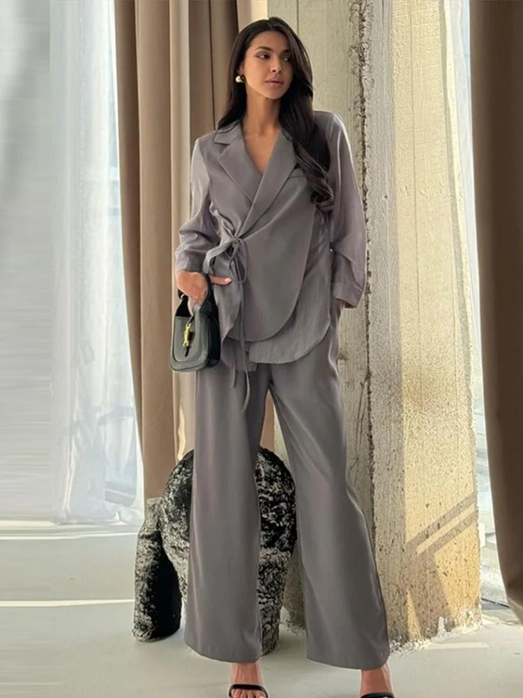 Chic ensemble: chiffon top & straight pants