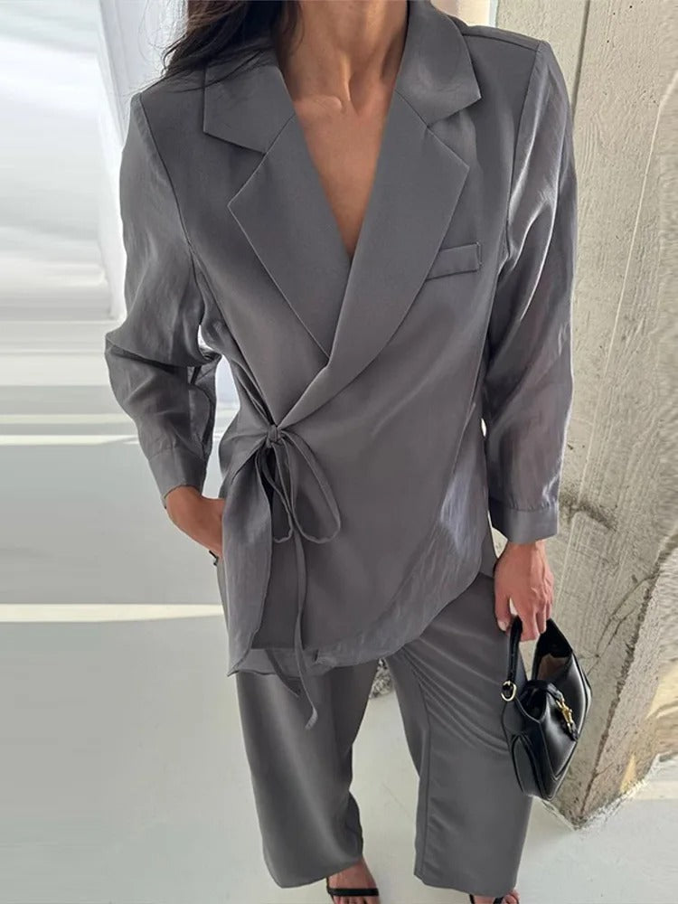 Chic ensemble: chiffon top & straight pants