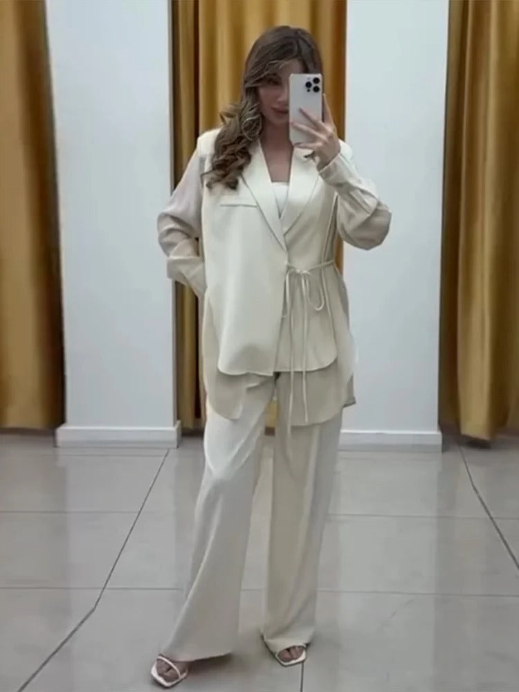 Chic ensemble: chiffon top & straight pants