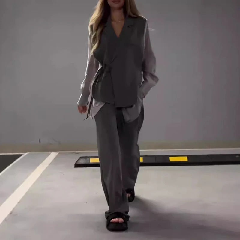 Chic ensemble: chiffon top & straight pants