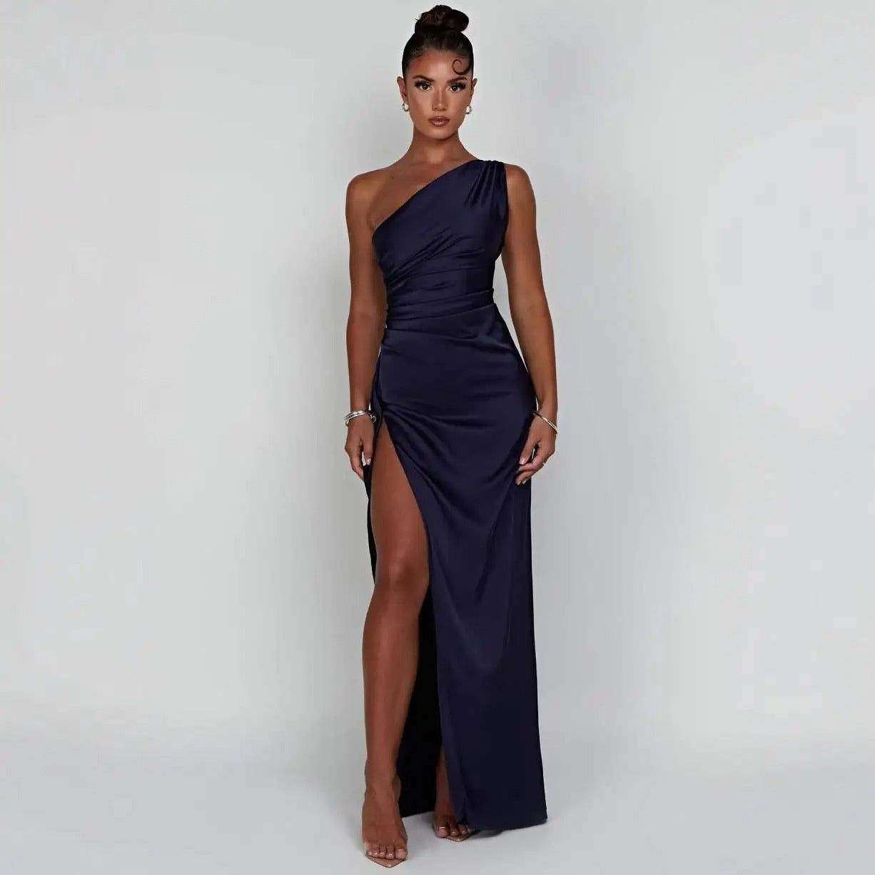 Satin one-shoulder summer dress, backless, slit and fitted, elegant