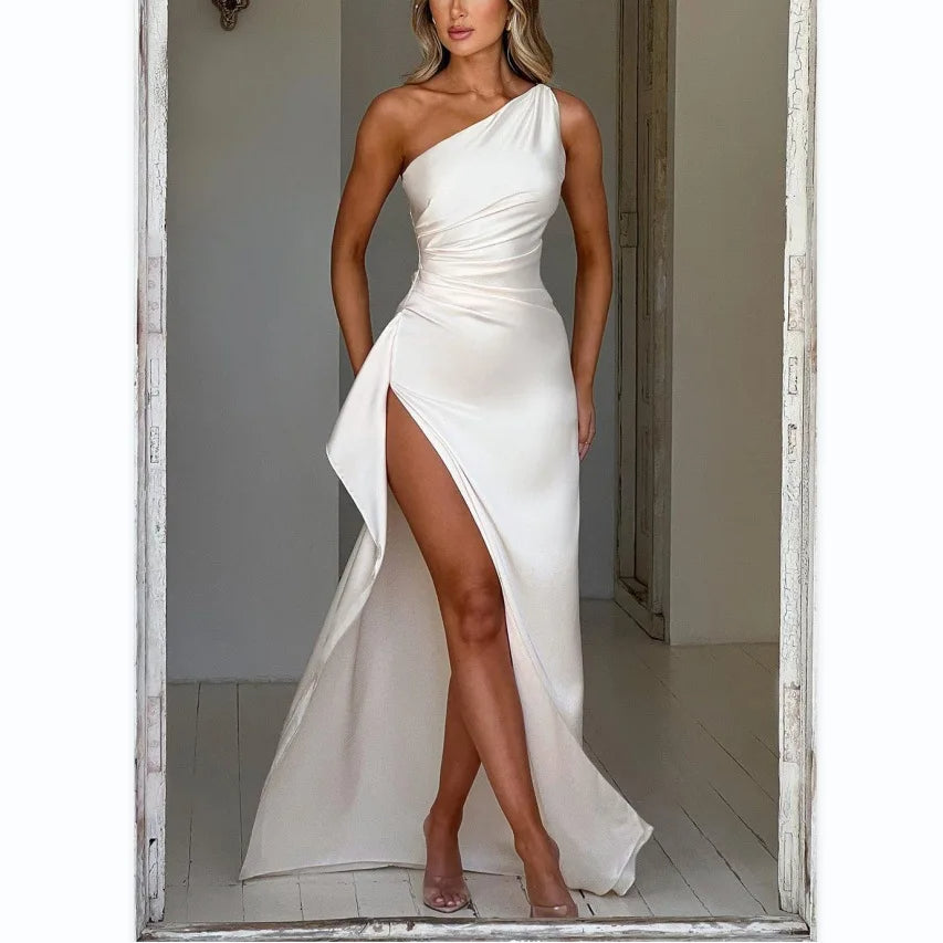 Satin one-shoulder summer dress, backless, slit and fitted, elegant