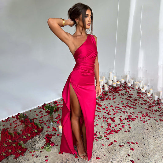 Satin one-shoulder summer dress, backless, slit and fitted, elegant