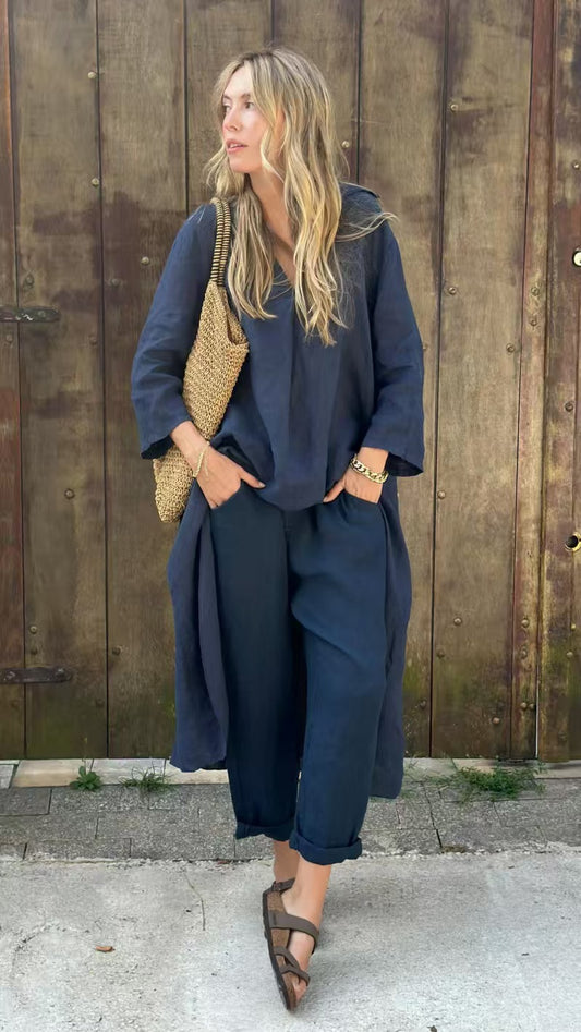 Women's 2-piece set: long V-neck top + high-waisted wide-leg pants with pockets
