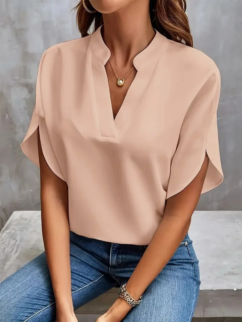 Top casual women in chiffon with short sleeves and V-neck